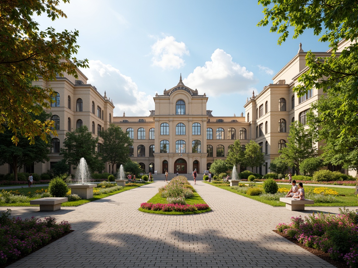 Prompt: Majestic high school building, Baroque architecture, ornate facades, grand entrance, symmetrical gardens, lush greenery, vibrant flowers, meandering pathways, decorative fountains, statues, benches, natural stone walkways, brick pavement, mature trees, sunny day, soft warm lighting, shallow depth of field, 3/4 composition, panoramic view, realistic textures, ambient occlusion.