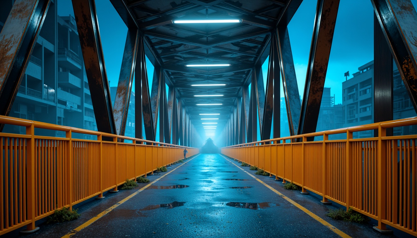 Prompt: Modern urban bridge, sleek metal structure, bold industrial colors, dark grey steel beams, bright orange accents, vibrant yellow safety rails, cool blue LED lighting, misty atmospheric effects, shallow depth of field, 1/1 composition, realistic metallic textures, ambient occlusion.