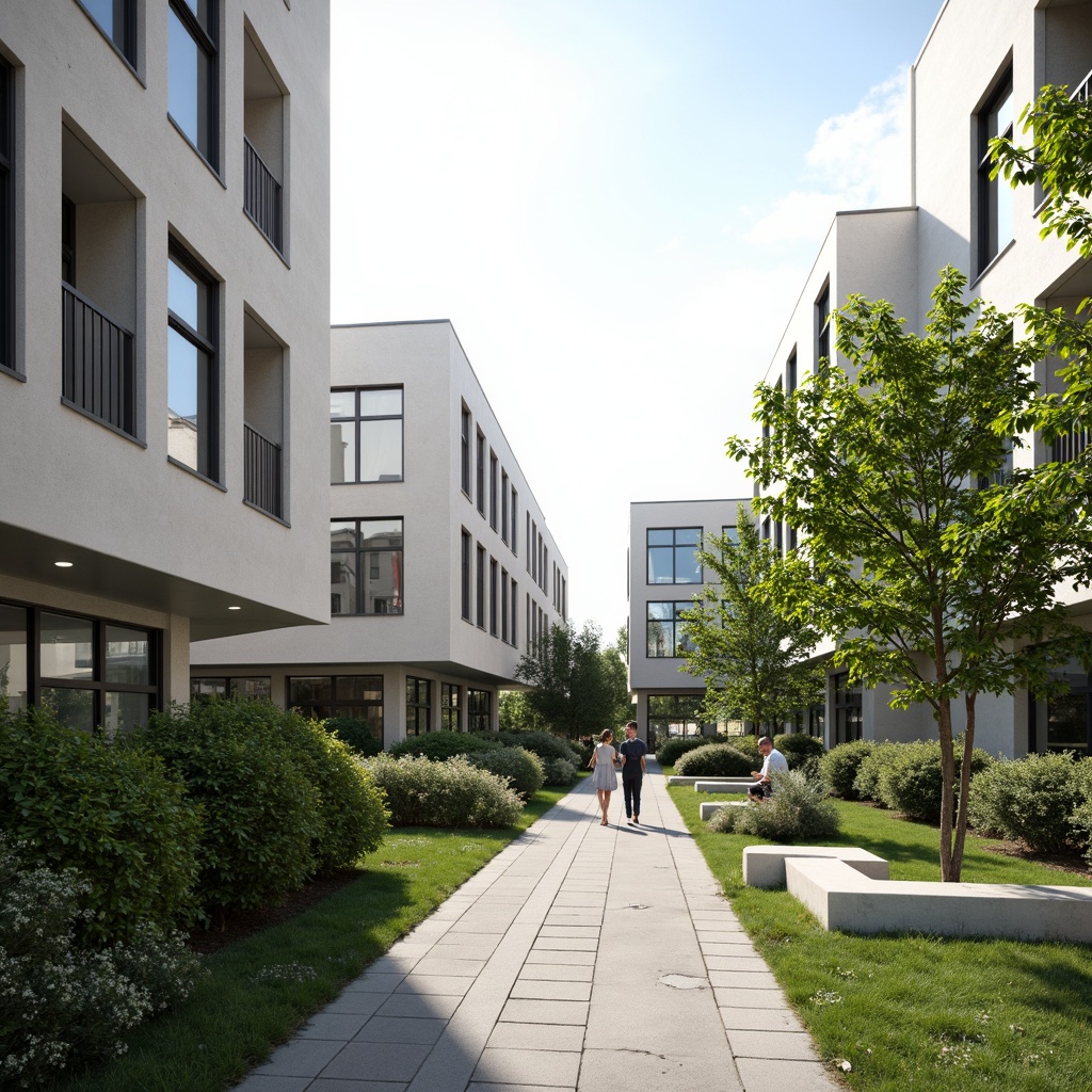 Prompt: Sleek campus buildings, minimalist architecture, clean lines, simple forms, neutral color palette, lush greenery, trimmed hedges, manicured lawns, walking paths, stone pavements, modern benches, subtle outdoor lighting, soft shadows, 1/1 composition, shallow depth of field, realistic textures, ambient occlusion, serene atmosphere, peaceful ambiance, natural harmony.