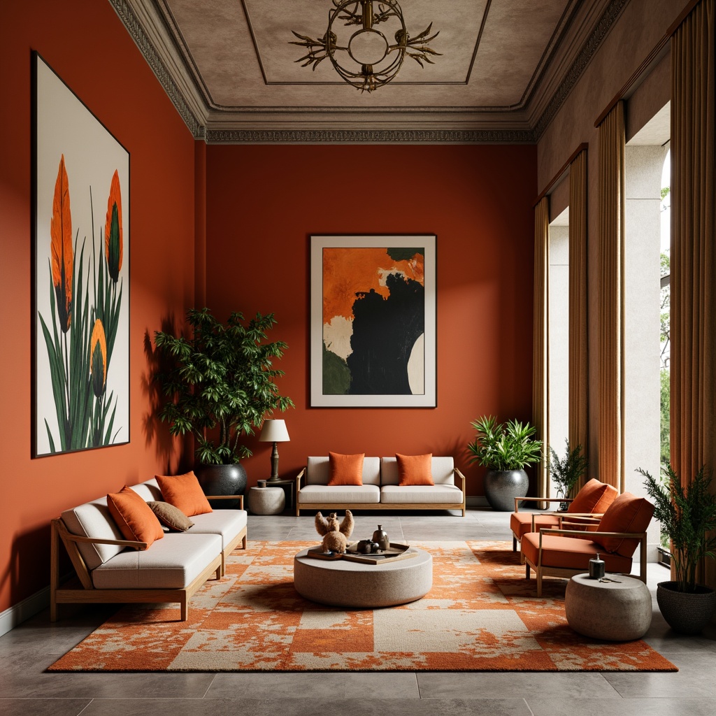 Prompt: Vibrant persimmon hues, warm earthy tones, rich orange shades, creamy whites, deep charcoal grays, luxurious velvet textures, ornate golden accents, elegant minimalist spaces, modern abstract art pieces, sleek low-profile furniture, natural stone flooring, abundant greenery, soft warm lighting, shallow depth of field, 1/1 composition, realistic renderings, ambient occlusion.