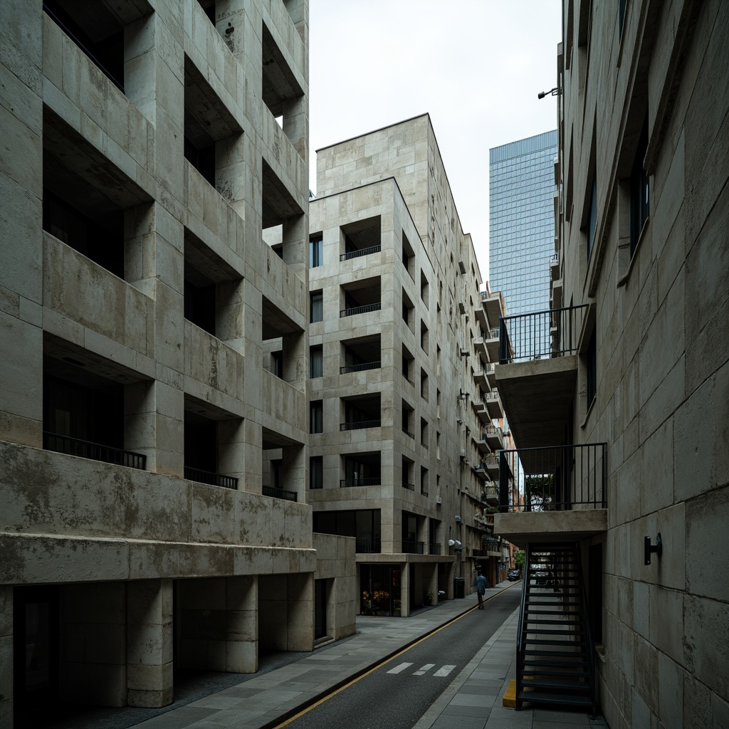 Prompt: Fortified concrete walls, rugged stone textures, monumental scale, fortress-like structures, angular geometries, raw unfinished surfaces, industrial materials, exposed ductwork, brutalist columns, chunky staircases, cantilevered balconies, narrow windows, deep recesses, dramatic shadows, high-contrast lighting, urban cityscape, overcast skies, moody atmosphere, cinematic composition, low-angle shot, gritty realistic textures.