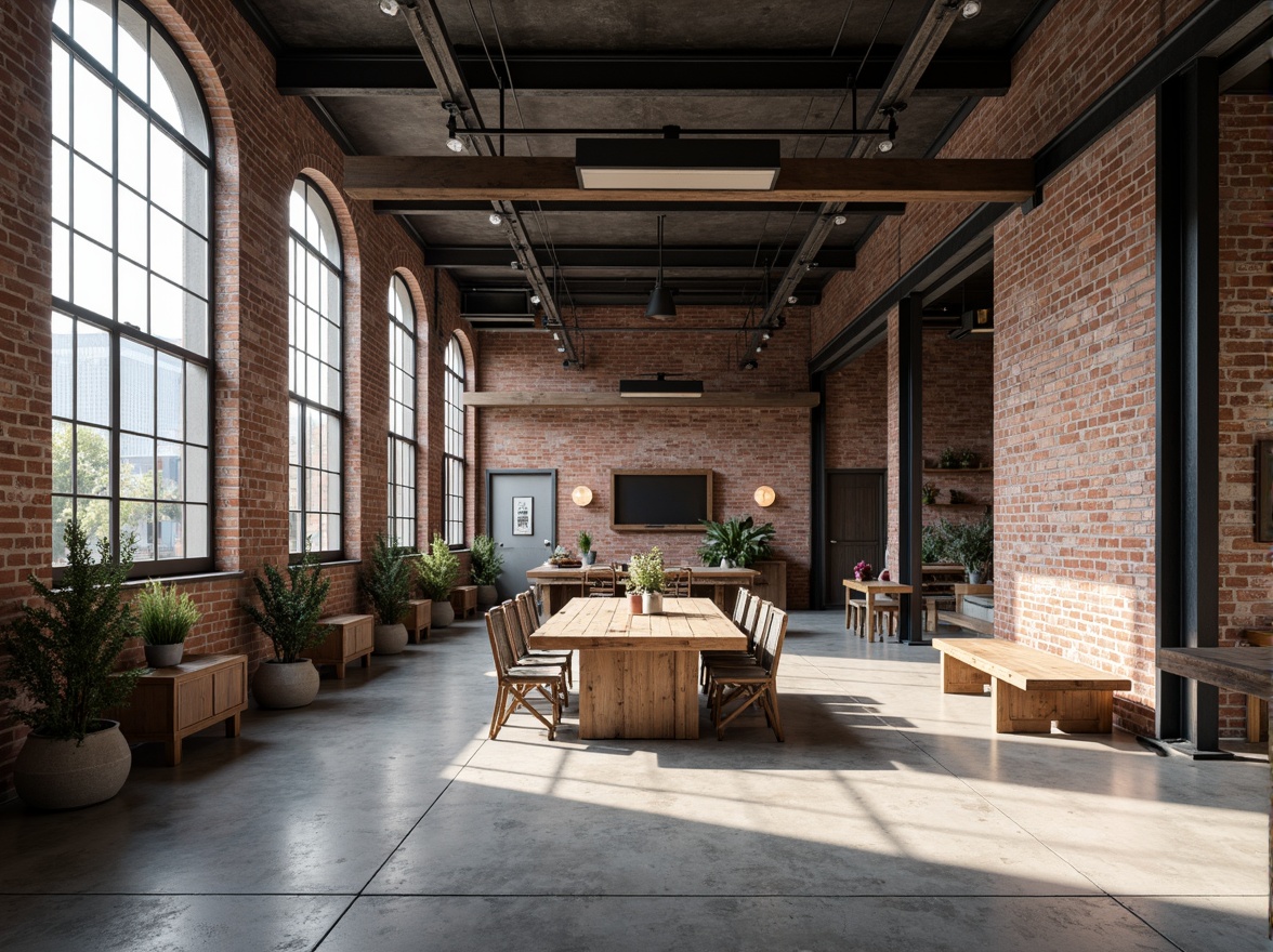 Prompt: Exposed brick walls, metal beams, reclaimed wood accents, industrial-style lighting fixtures, concrete floors, urban cityscape, converted warehouse, modern minimalist decor, functional simplicity, neutral color palette, distressed textures, edgy architectural lines, brutalist structures, functional spaces, open floor plans, natural ventilation systems, abundant natural light, high ceilings, urban loft atmosphere, gritty urban feel, dramatic shadows, low-key lighting, 3/4 composition, realistic materials, ambient occlusion.