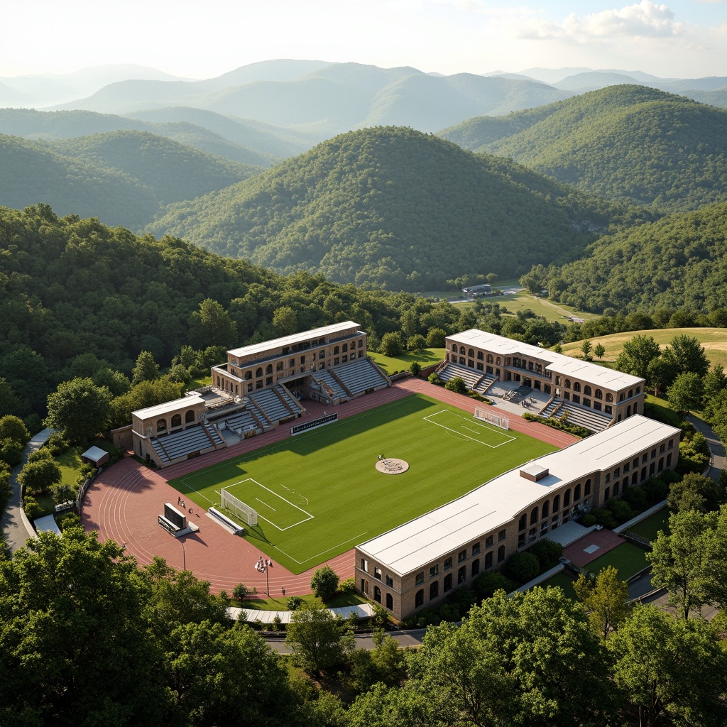 Prompt: Rustic football stadium, Romanesque architecture, stone walls, arched windows, green roofs, lush vegetation, rolling hills, natural scenery, serene atmosphere, warm sunny day, soft diffused lighting, shallow depth of field, 3/4 composition, panoramic view, realistic textures, ambient occlusion, tiered seating, grassy fields, athletic tracks, goalposts, scoreboard, floodlights, spectator stands, VIP lounges, concession booths, modern amenities.