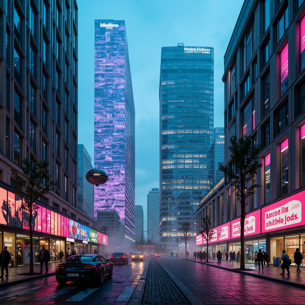 Prompt: Neon-lit skyscrapers, metallic silver accents, iridescent glass facades, holographic advertisements, cyberpunk cityscape, vibrant electric blue hues, neon green highlights, deep purple tones, rose gold details, sleek chrome lines, geometric patterns, futuristic urban landscape, high-tech infrastructure, levitating transportation pods, atmospheric mist, soft glowing ambiance, shallow depth of field, 1/1 composition, cinematic lighting, realistic reflections.