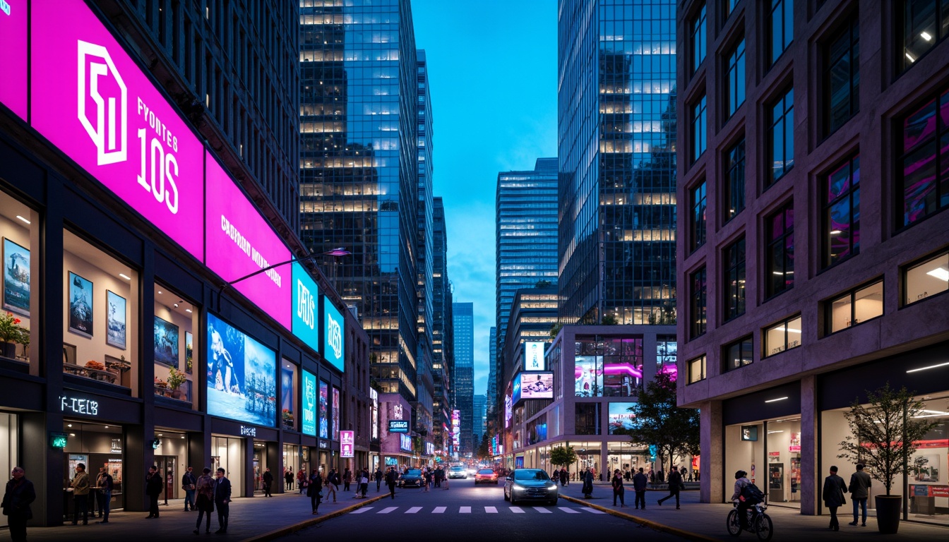 Prompt: Neon-lit skyscrapers, iridescent glass facades, metallic silver accents, holographic advertisements, luminescent LED lights, electric blue hues, vibrant pink neon signs, sleek chrome details, futuristic urban landscapes, cyberpunk cityscapes, dystopian alleys, retro-futuristic nostalgia, atmospheric mist effects, cinematic lighting, high-contrast shadows, 3/4 composition, symmetrical architecture, geometric patterns, abstract shapes, avant-garde design elements.