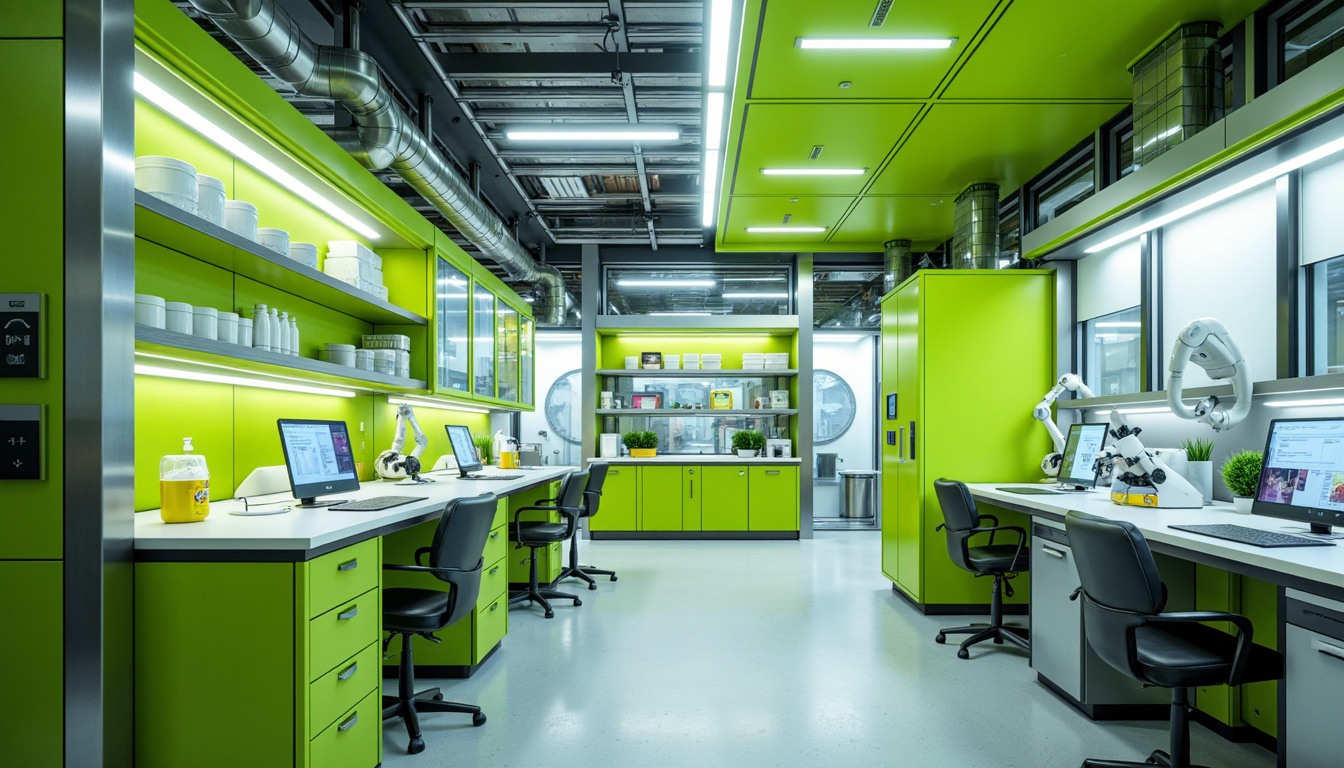 Prompt: Vibrant laboratory interior, bold color scheme, neon green accents, sleek metal equipment, futuristic workstations, minimalist shelving units, epoxy resin countertops, polished chrome fixtures, LED lighting systems, sterile white walls, glass partitions, modular furniture design, ergonomic seating, adjustable task lighting, high-contrast visual displays, 3D printing technology, robotic arm machinery, precision instrumentation, microscopes, petri dishes, futuristic architecture, modern materials, innovative textures, ambient occlusion, shallow depth of field, 1/1 composition.