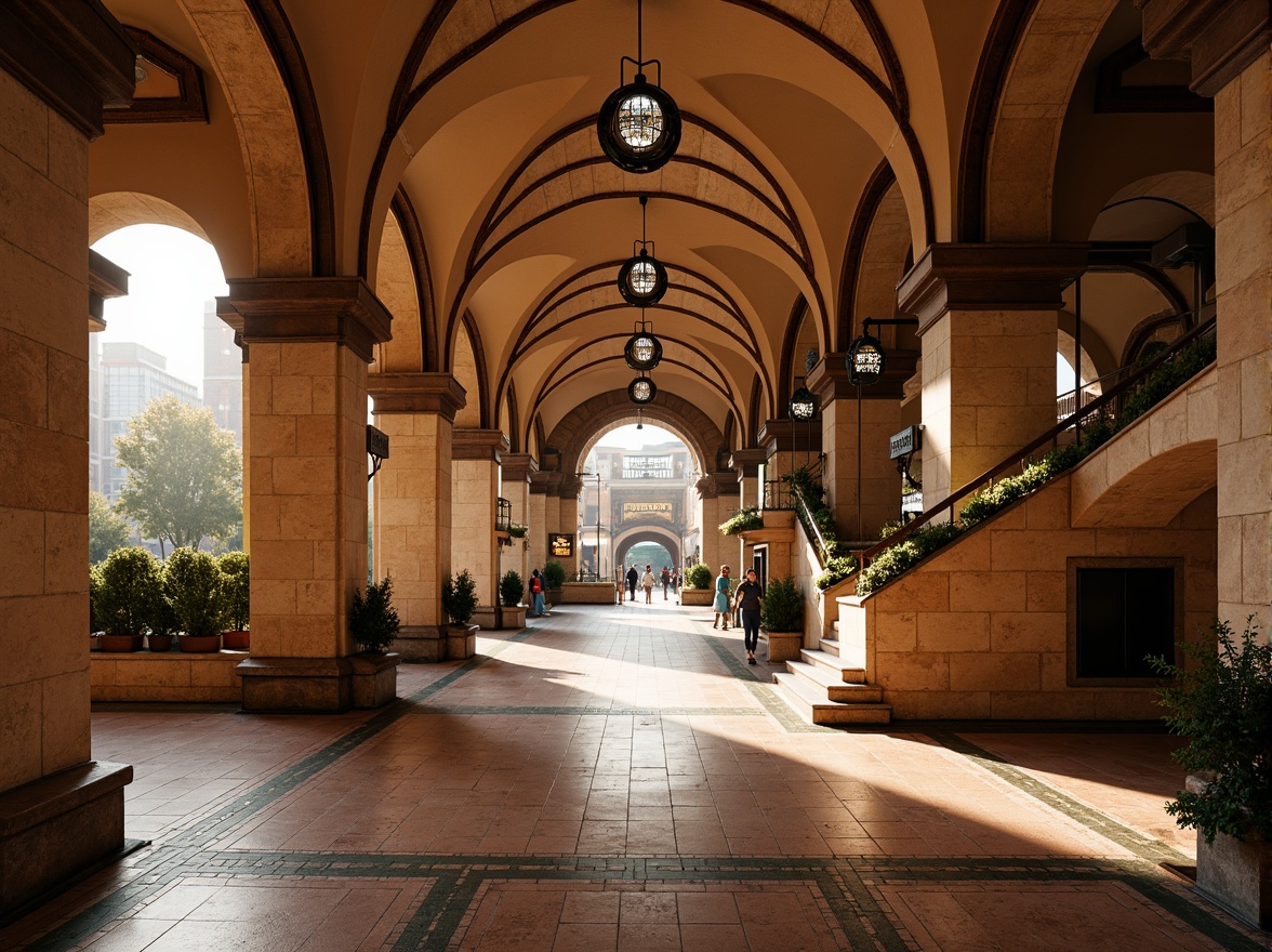 Prompt: Earth-toned metro station, Romanesque arches, ornate columns, warm beige walls, terracotta flooring, rustic stone textures, vintage metal lanterns, intricate mosaics, grand staircases, high ceilings, dramatic lighting, atmospheric shadows, rich wood accents, elegant typography, classic signage, urban cityscape, morning rush hour, soft natural light, shallow depth of field, 1/2 composition, realistic reflections.