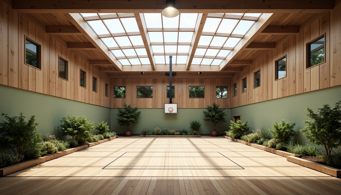 Prompt: Spacious gymnasium interior, high ceilings, clerestory windows, natural ventilation systems, solar tubes, wind catchers, green roofs, living walls, breathable materials, recycled rubber flooring, wooden accents, minimal artificial lighting, soft diffused daylight, warm earthy tones, organic textures, 3/4 composition, shallow depth of field, realistic renderings.