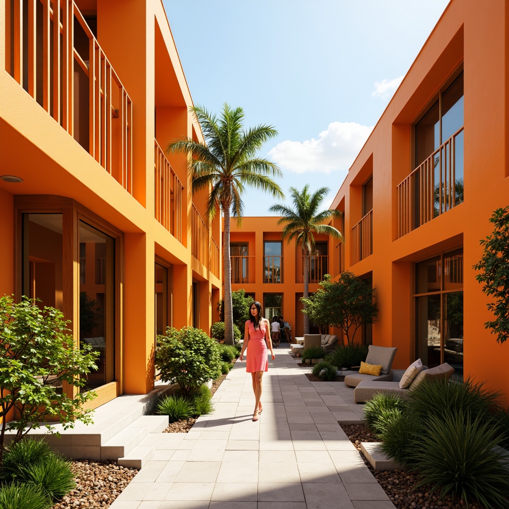 Prompt: Vibrant tangerine hues, warm orange tones, inviting citrus accents, modern minimalist architecture, sleek glass facades, angular metal lines, bold geometric patterns, natural stone textures, lush greenery, tropical plants, sunny day, soft warm lighting, shallow depth of field, 3/4 composition, panoramic view, realistic renderings, ambient occlusion.