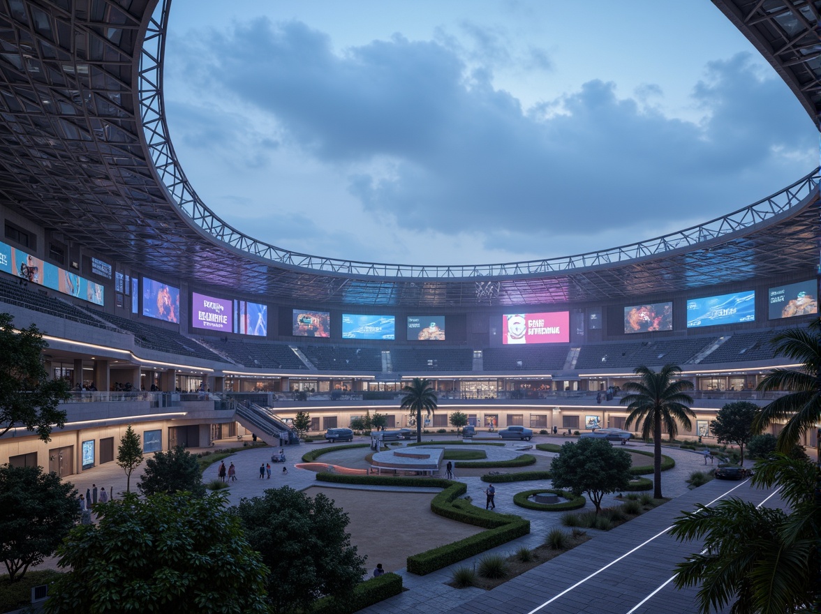 Prompt: Futuristic sports complex, undulating terrain, neon-lit athletic tracks, sleek metallic bleachers, holographic scoreboards, iridescent stadium roofs, glowing accents, vibrant LED lighting, misty atmospheric effects, shallow depth of field, 3/4 composition, panoramic view, realistic textures, ambient occlusion, lush greenery, tropical plants, palm trees, sandy pathways, winding water features, futuristic sculptures, abstract geometric patterns, dynamic kinetic architecture, wind-swept curves, aerodynamic lines.