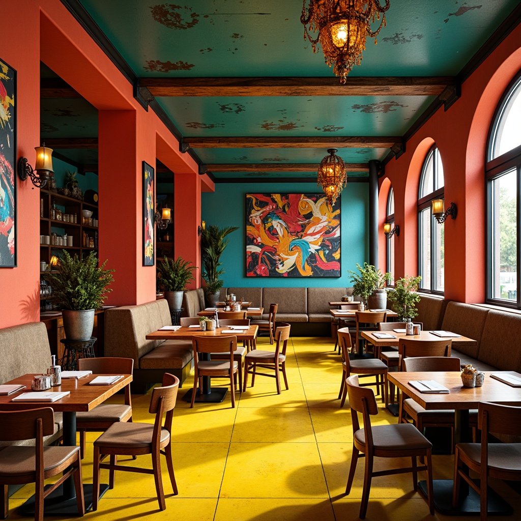 Prompt: Vibrant restaurant interior, expressionist art style, bold color palette, warm golden lighting, rich wood accents, eclectic furniture, abstract artwork, geometric patterns, bright coral walls, deep turquoise ceilings, sunny yellow floors, distressed metal decorations, reclaimed wood textures, industrial chic atmosphere, dramatic shadows, high contrast ratio, 1/2 composition, cinematic lighting, realistic reflections.