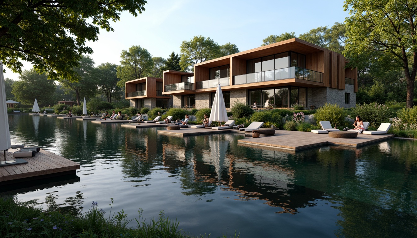 Prompt: Scenic lakefront, serene water reflections, lush greenery, wooden docks, sailboats, modern lakehouse architecture, large windows, sliding glass doors, natural stone walls, rustic wood accents, cozy outdoor seating areas, warm string lighting, shallow depth of field, 3/4 composition, panoramic view, realistic textures, ambient occlusion.