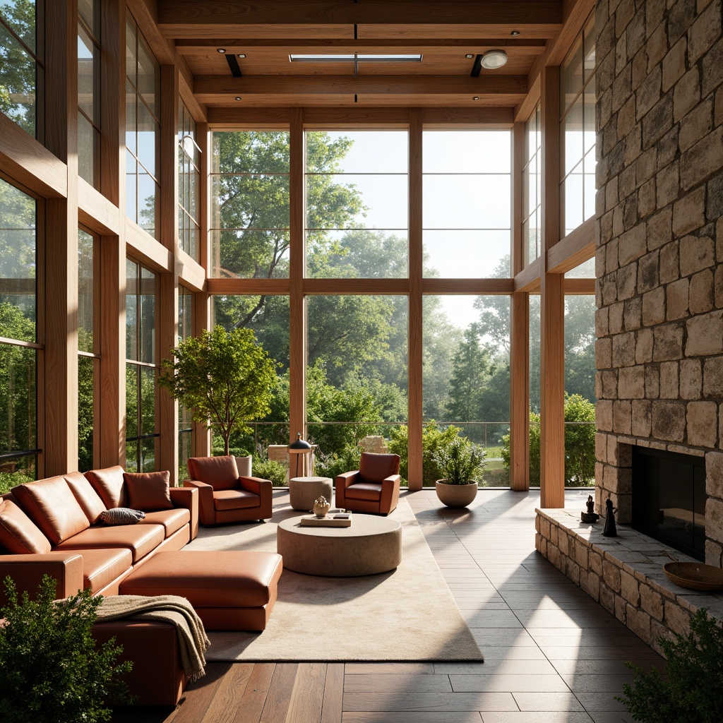 Prompt: Vibrant living room, floor-to-ceiling windows, natural stone walls, wooden flooring, greenery views, abundant sunlight, soft warm lighting, shallow depth of field, 3/4 composition, panoramic view, realistic textures, ambient occlusion, modern minimalist design, eco-friendly materials, sustainable energy solutions, solar panels, clerestory windows, skylights, open floor plan, airy atmosphere, organic shapes, earthy color palette.