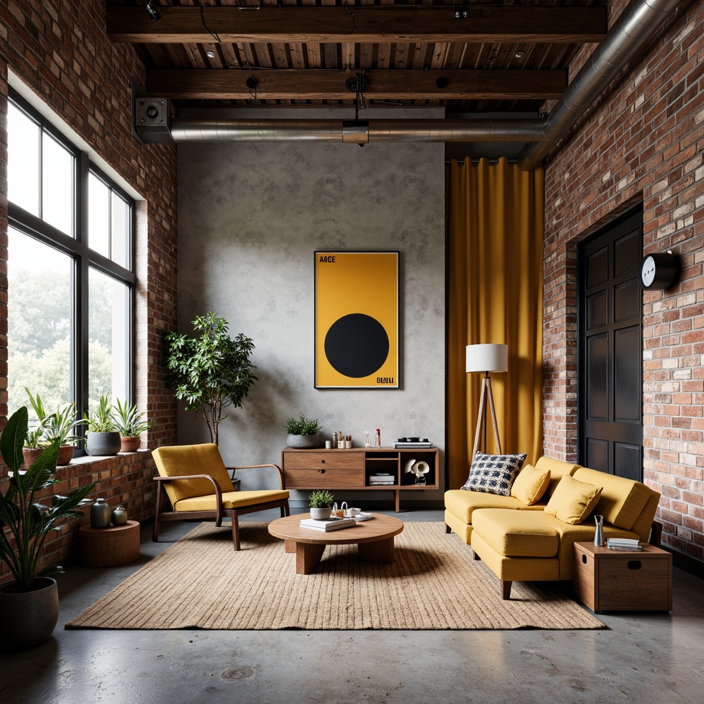 Prompt: Industrial chic interior, exposed brick walls, raw concrete floors, metal beams, reclaimed wood accents, minimalist decor, functional furniture, primary color palette, bold typography, geometric patterns, woven textiles, natural fibers, earthy tones, warm ambient lighting, shallow depth of field, 1/1 composition, realistic materials, subtle weathering effects.