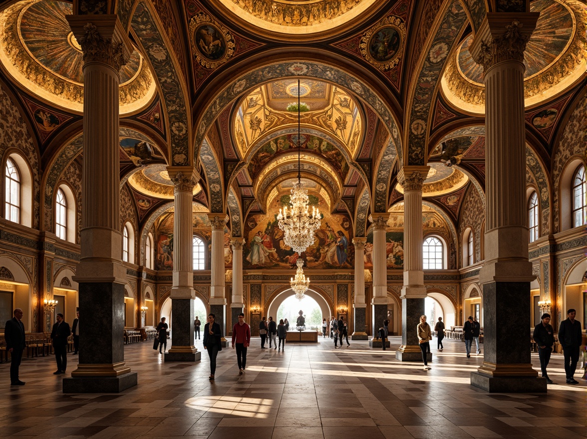 Prompt: Intricate mosaics, golden domes, ornate archways, grandiose columns, lavish frescoes, richly patterned floors, opulent chandeliers, majestic vaulted ceilings, symmetrical spatial layout, harmonious proportions, sacred ambiance, warm soft lighting, subtle shadows, 1/1 composition, central focal point, radial balance, ornamental details, luxurious materials, marble textures, Byzantine-inspired motifs.