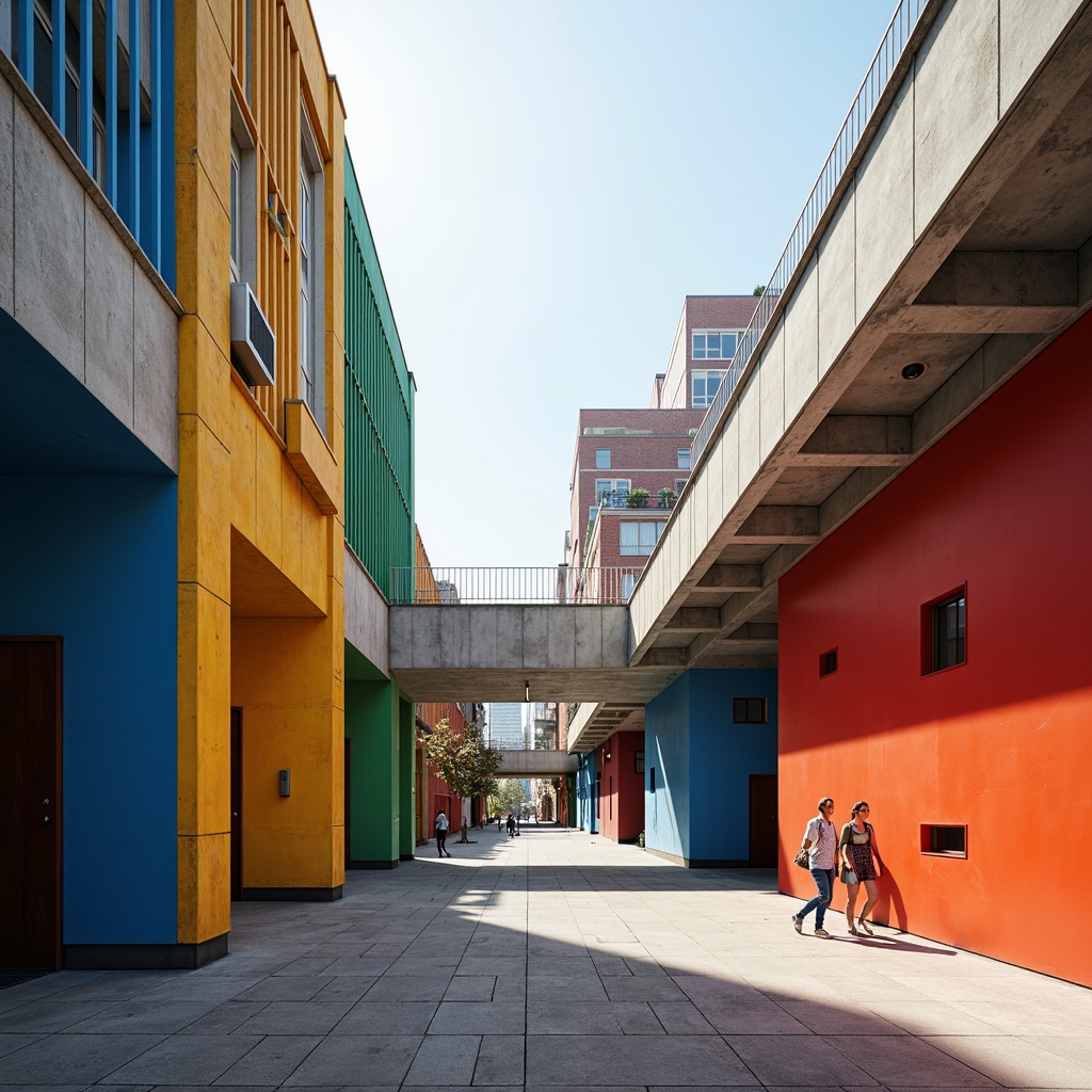 Prompt: Primary colors, geometric shapes, clean lines, minimalist aesthetic, industrial materials, steel beams, concrete walls, functional simplicity, rectangular forms, circular motifs, triangular compositions, bold typography, sans-serif fonts, urban landscape, modern cityscape, sunny day, high contrast lighting, deep shadows, 1/1 composition, symmetrical balance, abstract patterns, decorative textiles, woven fabrics, leather accents, metallic surfaces, brutalist architecture, functional design, innovative materials.