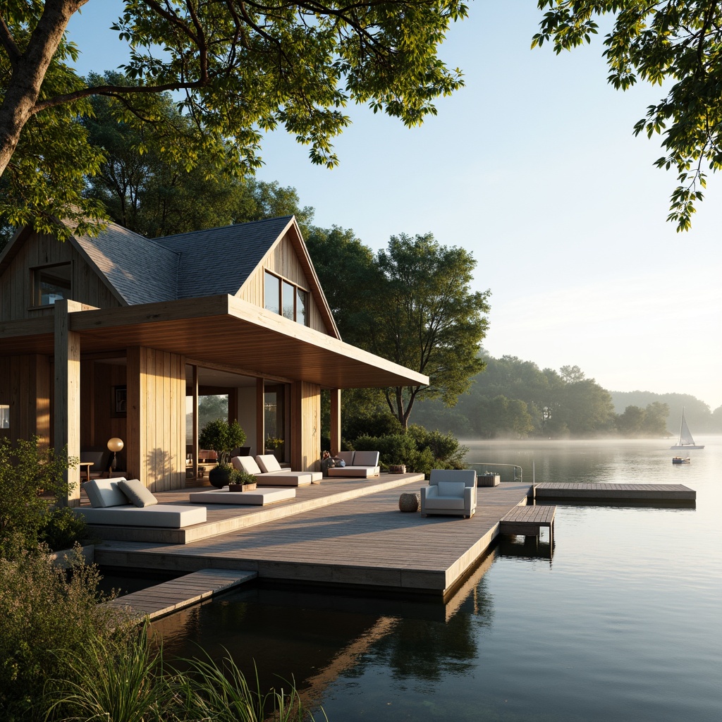 Prompt: Lakefront villa, serene water views, lush greenery, wooden docks, sailboats, calm lake surface, misty morning, warm sunlight, soft natural lighting, shallow depth of field, 1/2 composition, panoramic view, realistic reflections, ambient occlusion, modern minimalist design, large windows, sliding glass doors, natural stone walls, wooden accents, cozy interior spaces, comfortable outdoor seating areas.