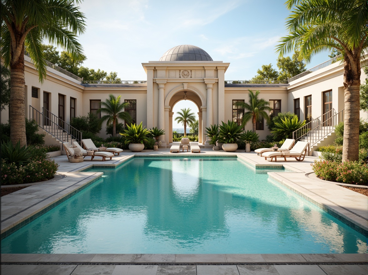 Prompt: Elegant swimming pool, symmetrical composition, neoclassical architecture, ornate fountains, grand staircases, marble flooring, classical columns, arches, domed roofs, crystal clear water, turquoise tiles, subtle lighting, warm ambiance, serene atmosphere, lush greenery, tropical plants, palm trees, sunny day, soft focus, shallow depth of field, 1/1 composition, realistic textures, ambient occlusion.