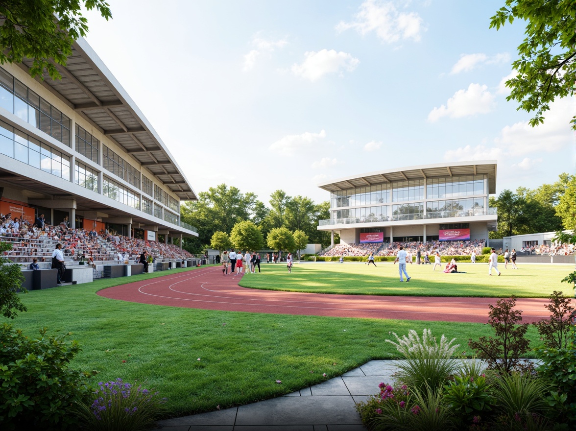 Prompt: Athletic track, lush green grass, vibrant sports equipment, goalposts, scoreboards, spectator stands, modern stadium architecture, sleek metal bleachers, transparent glass railings, dynamic angular lines, functional minimalist design, efficient crowd circulation, accessible entrances, intuitive wayfinding, natural stone pathways, shaded areas, misting systems, warm sunny day, soft diffused lighting, shallow depth of field, 3/4 composition, panoramic view, realistic textures, ambient occlusion.