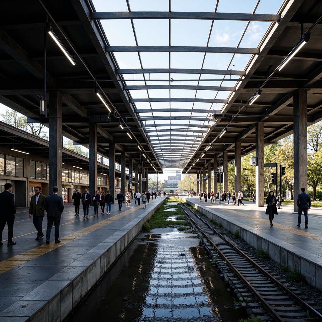 Prompt: Modern train station, steel framework, industrial aesthetic, exposed ductwork, metallic beams, sleek glass roofs, cantilevered canopies, urban landscape, bustling atmosphere, morning rush hour, natural light pouring in, shallow depth of field, 1/2 composition, realistic reflections, ambient occlusion, detailed textures, vibrant city sounds.