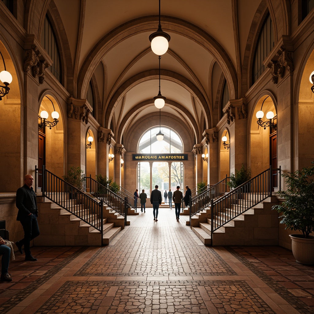 Prompt: Earth-toned metro station, Romanesque arches, ornate columns, warm beige walls, terracotta flooring, rustic stone textures, vintage metal lanterns, intricate mosaics, grand staircases, high ceilings, dramatic lighting, atmospheric shadows, rich wood accents, elegant typography, classic signage, urban cityscape, morning rush hour, soft natural light, shallow depth of field, 1/2 composition, realistic reflections.