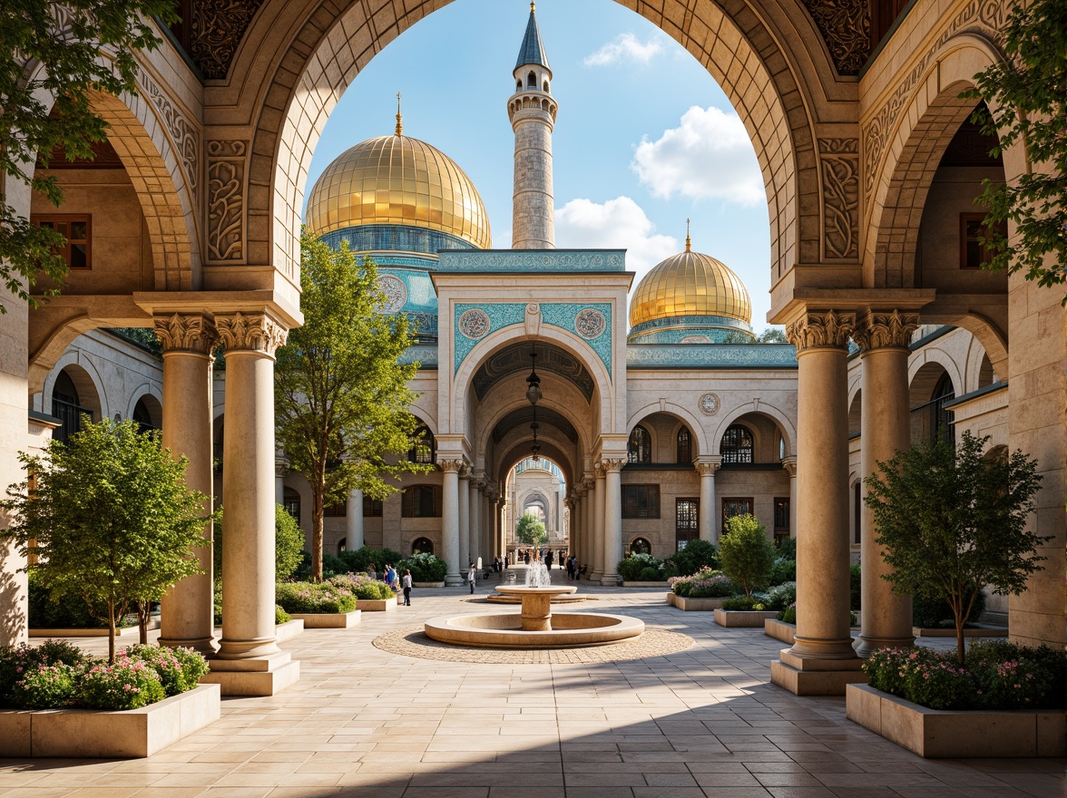 Prompt: Golden domes, ornate arches, intricate mosaics, vibrant turquoise accents, rustic stone walls, grand entrance gates, majestic columns, ornamental capitals, lavish fountains, lush greenery, blooming flowers, warm sunny day, soft natural lighting, shallow depth of field, 3/4 composition, panoramic view, realistic textures, ambient occlusion, Byzantine-inspired patterns, richly textured fabrics, luxurious marble floors, grand chandeliers, elegant wooden accents.