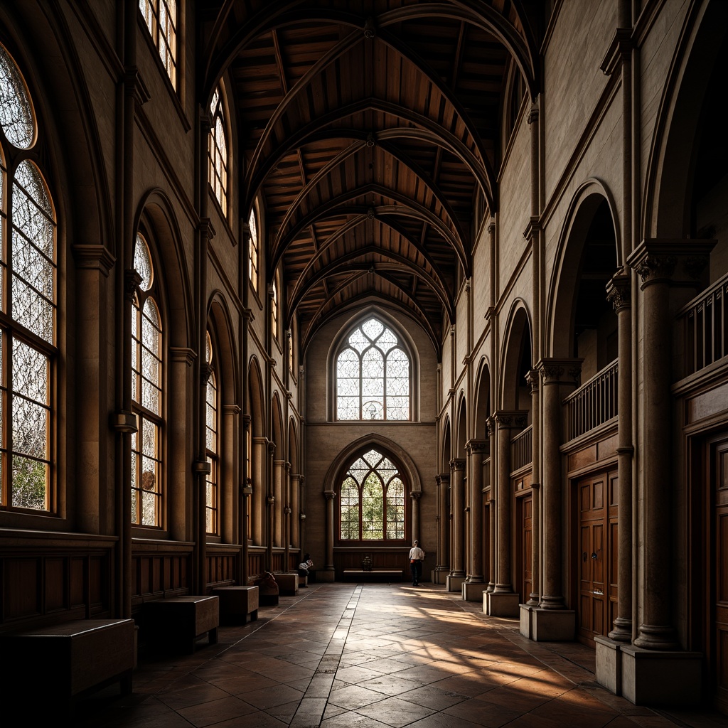 Prompt: Grandiose archways, pointed Gothic arches, ribbed vaults, ornate stone carvings, stained glass windows, intricate tracery patterns, majestic entrance halls, high ceilings, dark wood paneling, mysterious ambiance, warm soft lighting, dramatic shadows, 1/1 composition, symmetrical framing, realistic textures, ambient occlusion.