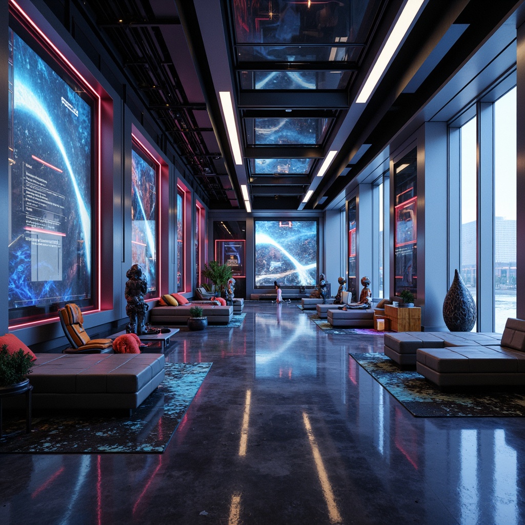 Prompt: Futuristic interior, metallic surfaces, neon-lit accents, iridescent glass panels, holographic displays, sleek carbon fiber furniture, high-gloss finishes, LED lighting strips, translucent acrylic walls, minimalist decor, avant-garde sculptures, futuristic gadgets, virtual reality interfaces, cyberpunk-inspired color schemes, dark ambient lighting, shallow depth of field, 1/1 composition, cinematic camera angles, realistic reflections, advanced material textures.