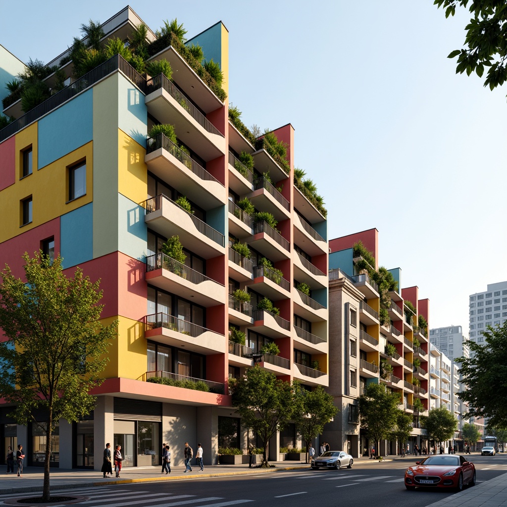 Prompt: Vibrant social housing complex, modern facade design, bold color schemes, geometric patterns, angular balconies, cantilevered roofs, sustainable materials, green walls, vertical gardens, urban landscape, bustling city streets, morning sunlight, soft warm lighting, shallow depth of field, 3/4 composition, panoramic view, realistic textures, ambient occlusion.