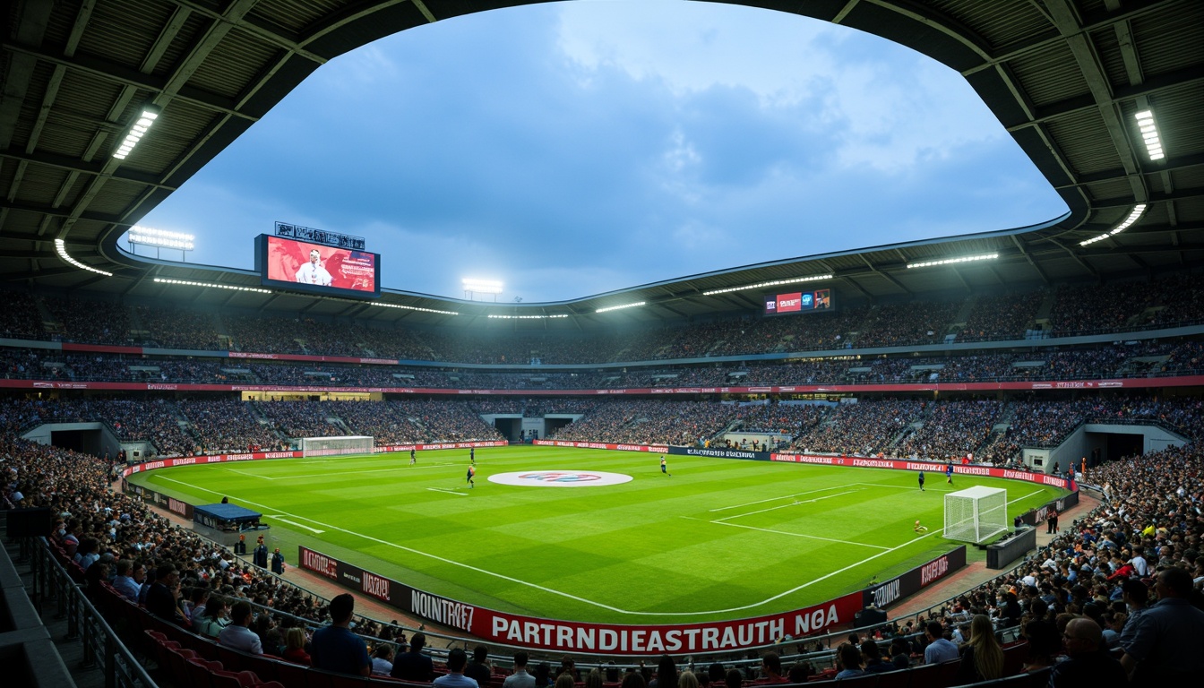 Prompt: Soccer stadium, grandstand seating, lush green grass, athletic track, goalposts, scoreboard displays, floodlighting, evening atmosphere, misty ambient lighting, shallow depth of field, 1/2 composition, symmetrical architecture, curved lines, modern materials, steel beams, concrete foundations, cantilevered roofs, open-air design, urban landscape, cityscape views, vibrant crowd atmosphere, dynamic camera movements.