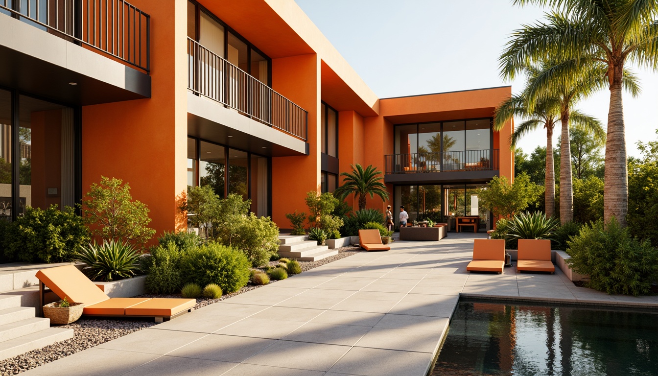 Prompt: Vibrant tangerine hues, warm orange tones, inviting citrus accents, modern minimalist architecture, sleek glass facades, angular metal lines, bold geometric patterns, natural stone textures, lush greenery, tropical plants, sunny day, soft warm lighting, shallow depth of field, 3/4 composition, panoramic view, realistic renderings, ambient occlusion.