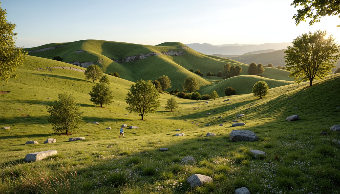 Prompt: Rolling hills, lush green grass, wildflowers, meandering pathways, rustic wooden fences, natural stone benches, serene atmosphere, warm sunlight, soft breeze, shallow depth of field, 3/4 composition, panoramic view, realistic textures, ambient occlusion, gentle slopes, scattered trees, native plant species, eco-friendly maintenance, sustainable irrigation systems, minimalist design, organic shapes, earthy color palette.