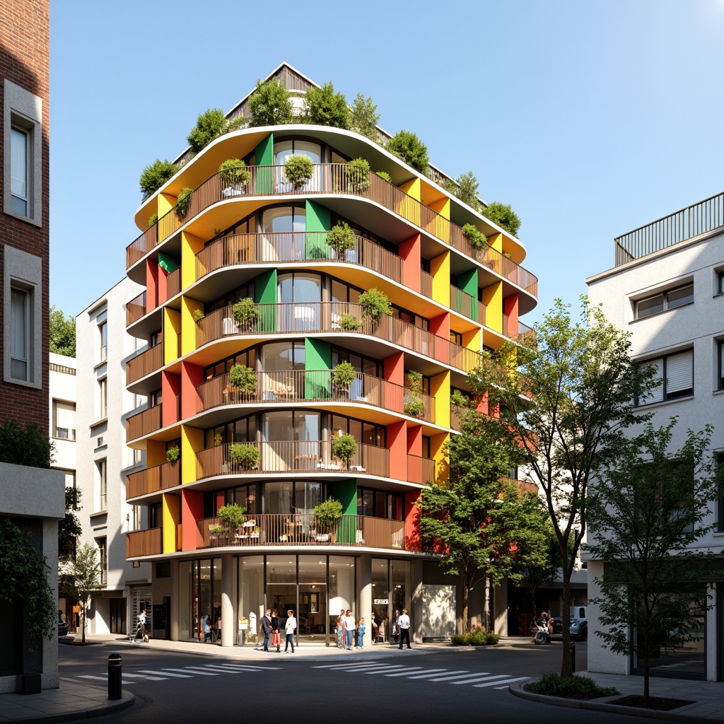 Prompt: Vibrant social housing complex, modern facade design, bold color schemes, geometric patterns, angular balconies, cantilevered roofs, sustainable materials, green walls, vertical gardens, urban landscape, bustling city life, warm sunny day, soft natural lighting, shallow depth of field, 3/4 composition, panoramic view, realistic textures, ambient occlusion.