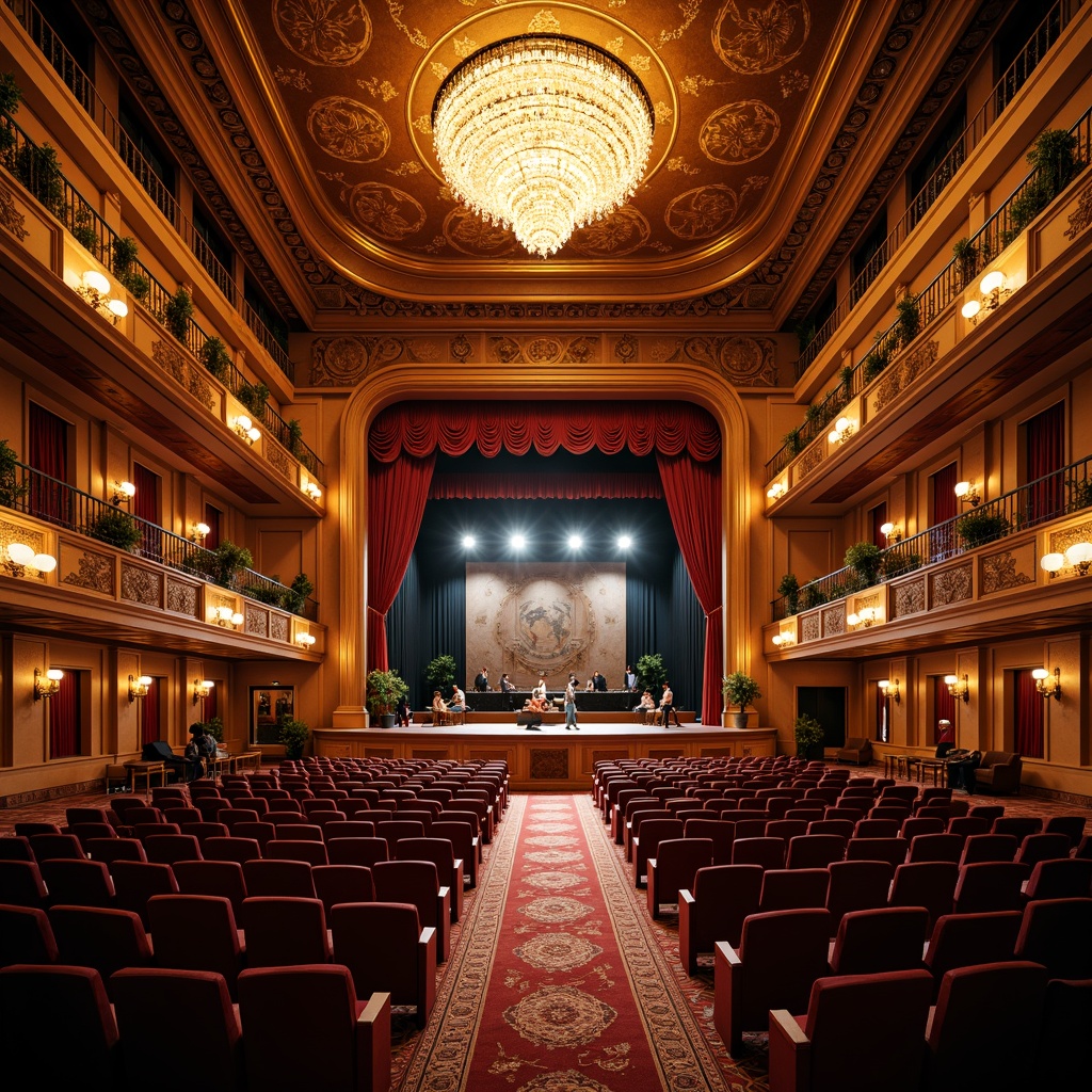 Prompt: Grand auditorium, ornate chandeliers, intricate moldings, luxurious velvet curtains, polished wooden floors, gilded accents, majestic stage, dramatic spotlights, plush seating, ornamental railings, sweeping staircases, elegant balconies, richly patterned carpets, warm golden lighting, shallow depth of field, 1/2 composition, symmetrical framing, realistic textures, ambient occlusion.