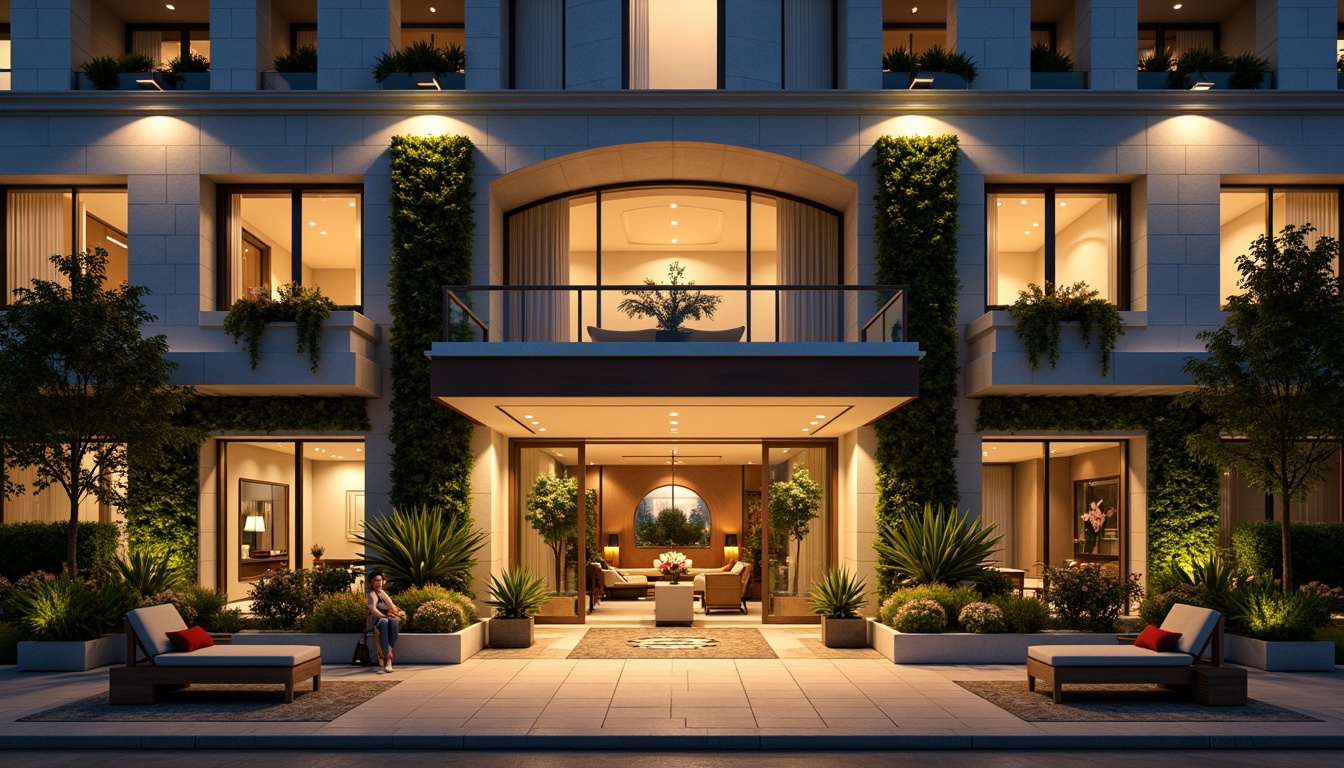 Prompt: Luxurious hotel facade, grand entrance, ornate details, warm golden lighting, inviting porte-cochere, elegant columns, sophisticated stone cladding, large windows, sliding glass doors, lush green walls, vibrant flower arrangements, modern minimalist design, sleek metal accents, ambient outdoor lighting, shallow depth of field, 3/4 composition, panoramic view, realistic textures, ambient occlusion.