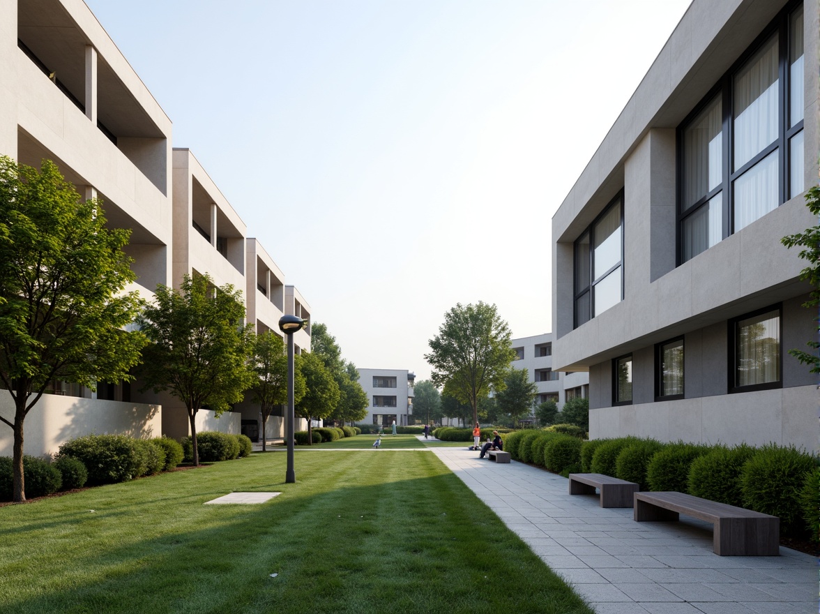 Prompt: Sleek campus buildings, minimalist architecture, clean lines, simple forms, neutral color palette, lush greenery, trimmed hedges, manicured lawns, walking paths, stone pavements, modern benches, subtle outdoor lighting, soft shadows, 1/1 composition, shallow depth of field, realistic textures, ambient occlusion, serene atmosphere, peaceful ambiance, natural harmony.