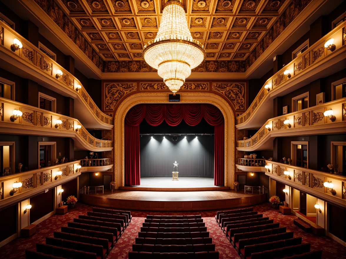 Prompt: Grand auditorium, ornate chandeliers, intricate moldings, luxurious velvet curtains, polished wooden floors, gilded accents, majestic stage, dramatic spotlights, plush seating, ornamental railings, sweeping staircases, elegant balconies, richly patterned carpets, warm golden lighting, shallow depth of field, 1/2 composition, symmetrical framing, realistic textures, ambient occlusion.