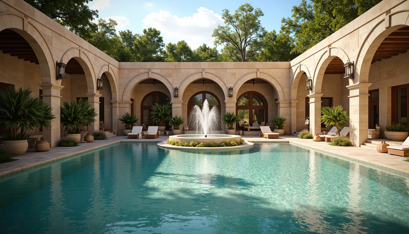 Prompt: Romanesque swimming pool, natural stone walls, ornate carvings, grand archways, turquoise water, gentle ripples, central fountain, splashing water features, lush greenery, surrounding columns, rustic lanterns, warm sunny day, soft golden lighting, shallow depth of field, 1/1 composition, symmetrical view, realistic textures, ambient occlusion.