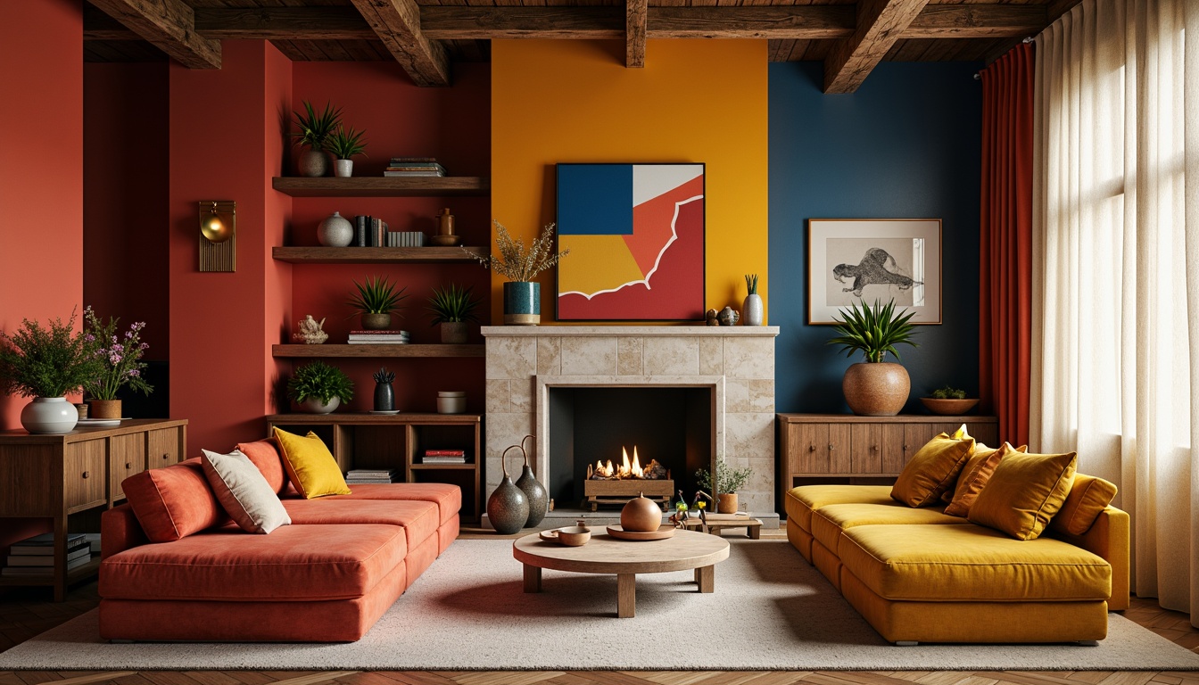 Prompt: Vibrant living room, bold accent walls, rich wood furniture, plush velvet sofas, metallic gold lighting fixtures, soft cream-colored carpets, natural stone fireplaces, earthy terracotta vases, warm beige curtains, eclectic artwork, abstract geometric patterns, moody atmospheric colors, dramatic shadows, 1/2 composition, cinematic lighting, realistic textures, ambient occlusion.