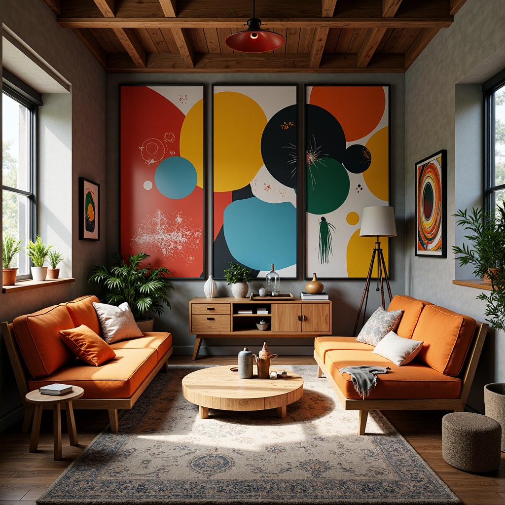 Prompt: Vibrant art studio, eclectic furniture, abstract artwork, bold color blocking, contrasting textures, rich wood accents, industrial metal frames, modern minimalist decor, natural light pouring in, soft warm glow, 3/4 composition, shallow depth of field, realistic renderings, ambient occlusion.