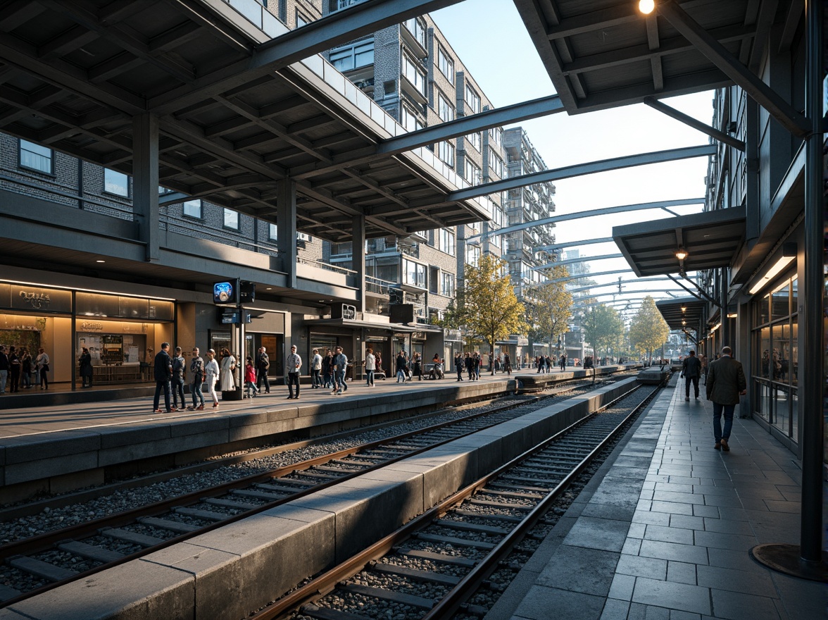 Prompt: Modern train station, steel framework, industrial aesthetic, exposed ductwork, metallic beams, sleek glass roofs, cantilevered canopies, urban landscape, bustling atmosphere, morning rush hour, natural light pouring in, shallow depth of field, 1/2 composition, realistic reflections, ambient occlusion, detailed textures, vibrant city sounds.