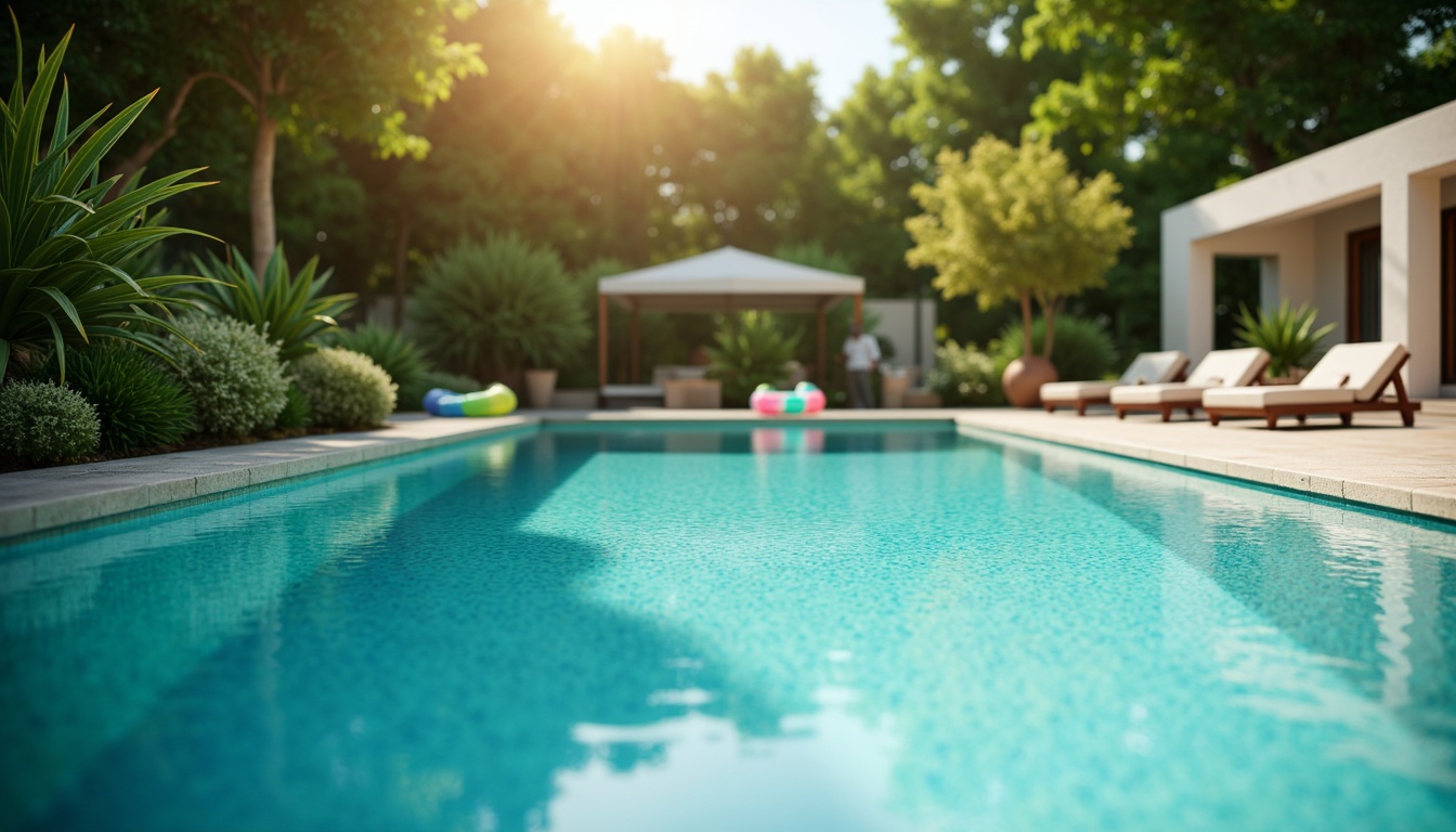 Prompt: Vibrant turquoise pool water, sleek modern pool design, surrounding lush greenery, natural stone decking, warm sunny day, soft gentle lighting, shallow depth of field, 3/4 composition, realistic water textures, ambient occlusion, calming atmosphere, refreshing ambiance, outdoor furniture, colorful pool floats, fun playful vibe.