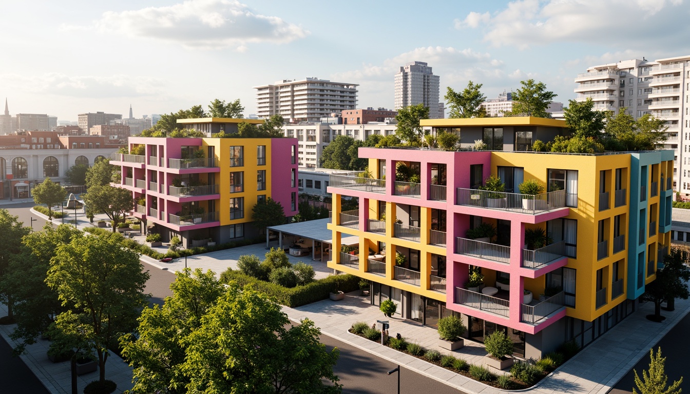 Prompt: Vibrant social housing complex, modern facade design, bold color schemes, geometric patterns, angular balconies, cantilevered roofs, sustainable materials, green walls, vertical gardens, urban landscape, bustling city life, warm sunny day, soft natural lighting, shallow depth of field, 3/4 composition, panoramic view, realistic textures, ambient occlusion.