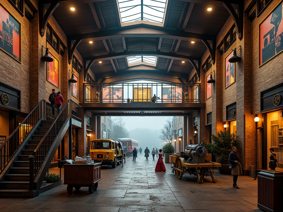 Prompt: Vibrant train station, expressionist architecture, bold geometric shapes, contrasting colors, warm golden lighting, industrial metal beams, distressed brick walls, ornate ironwork, grand staircases, intricate mosaics, eclectic art deco patterns, rich wood accents, vintage luggage carts, nostalgic steam engine details, atmospheric foggy day, dramatic shadows, cinematic low-angle shot, 1/2 composition, moody warm color grading, realistic textures, ambient occlusion.