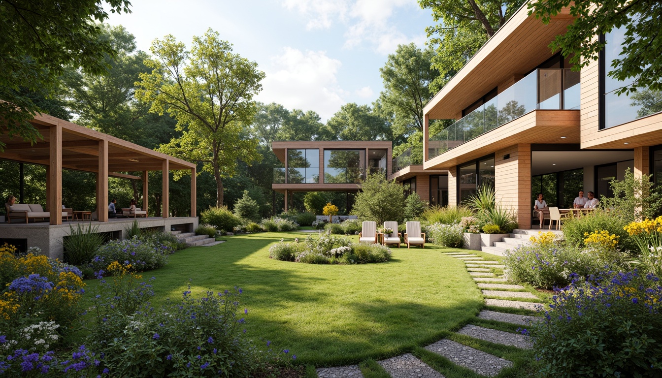 Prompt: Vibrant garden, lush greenery, blooming flowers, meandering pathways, wooden benches, natural stone walls, modern outdoor furniture, cantilevered roofs, floor-to-ceiling windows, sliding glass doors, warm sunny day, soft diffused lighting, shallow depth of field, 3/4 composition, panoramic view, realistic textures, ambient occlusion.