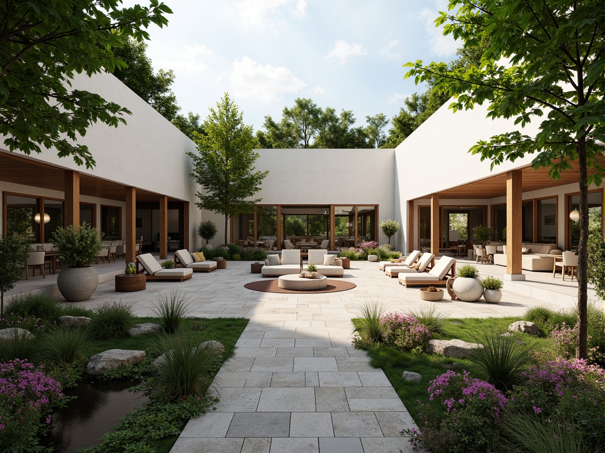 Prompt: Spacious residential courtyard, lush greenery, vibrant flowers, natural stone pathways, wooden benches, modern minimalist architecture, large windows, sliding glass doors, open-plan living areas, high ceilings, airy atmosphere, soft warm lighting, shallow depth of field, 3/4 composition, panoramic view, realistic textures, ambient occlusion, cozy reading nooks, built-in shelving units, comfortable outdoor seating, decorative planters, water features, small ponds, tranquil ambiance.