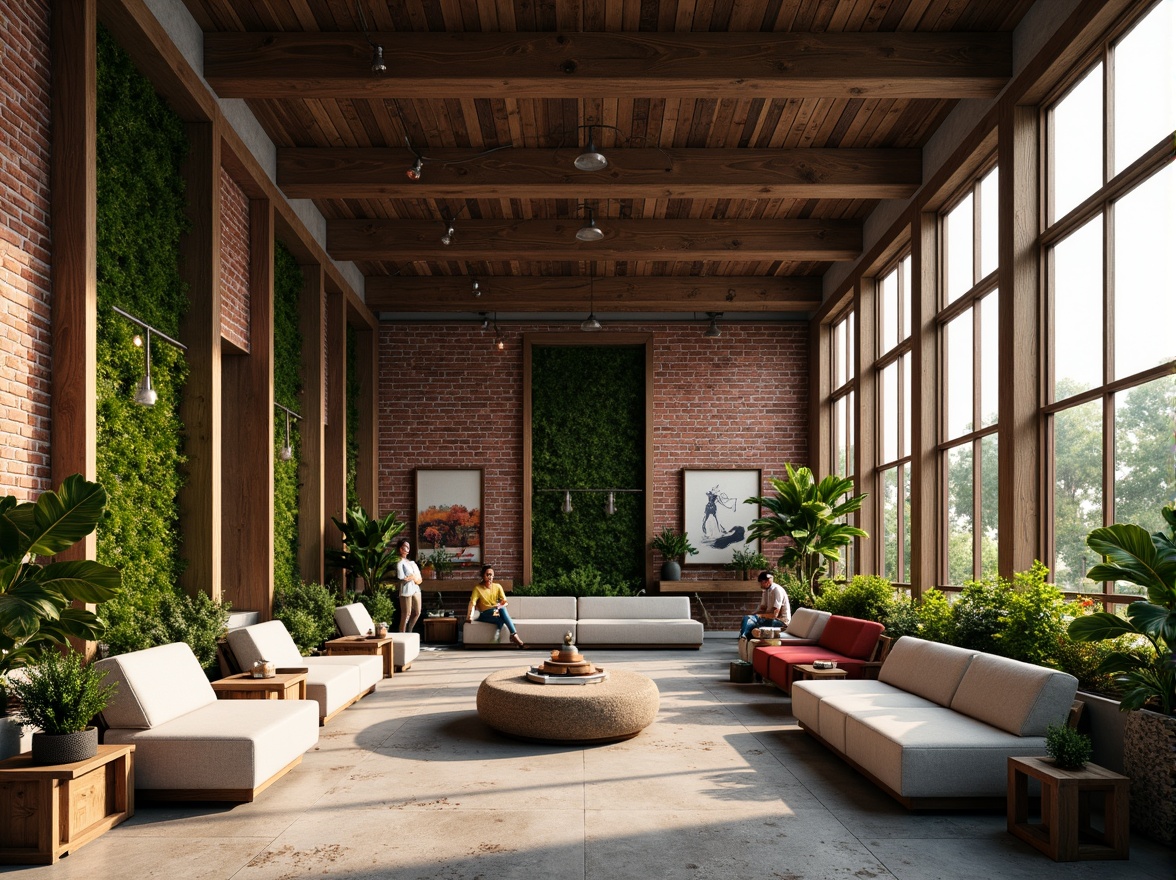 Prompt: Exposed brick walls, reclaimed wood accents, industrial metal beams, organic curved lines, earthy color palette, natural stone flooring, lush greenery, living walls, modern minimalist decor, cozy reading nooks, floor-to-ceiling windows, soft warm lighting, shallow depth of field, 3/4 composition, panoramic view, realistic textures, ambient occlusion.