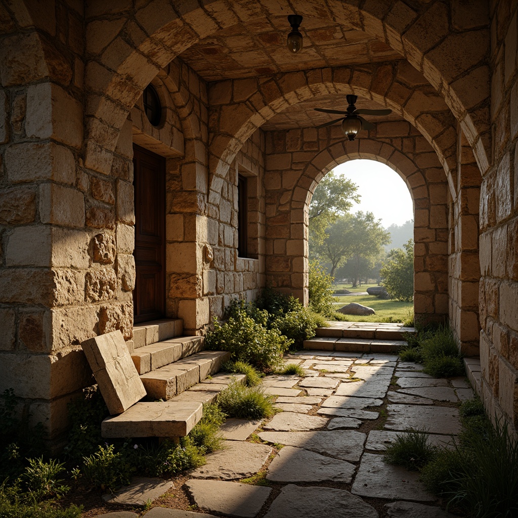 Prompt: Rustic stone walls, weathered rock formations, earthy tones, natural cracks, moss-covered surfaces, ancient ruins, mysterious ambiance, warm golden lighting, shallow depth of field, 1/1 composition, realistic textures, ambient occlusion, overgrown vegetation, abandoned structures, historic landmarks, worn stone pathways, faded frescoes, mystical atmosphere.