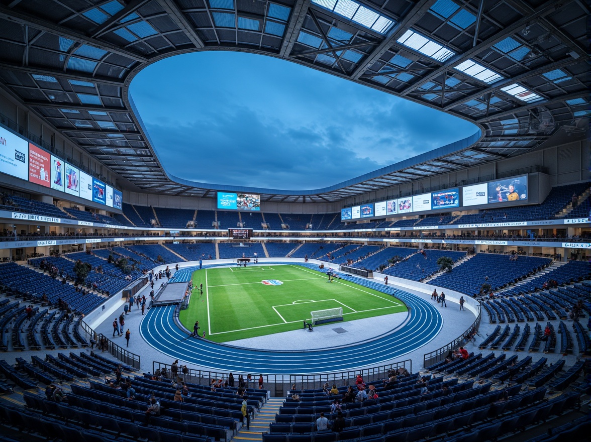 Prompt: Futuristic sports stadium, neon-lit athletic tracks, holographic scoreboards, sleek metallic bleachers, transparent glass roofs, retractable solar panels, wind turbines, eco-friendly turf, glowing lane markings, high-tech goalposts, robotic referees, augmented reality training tools, virtual reality spectator experiences, 360-degree video walls, dynamic LED lighting, shallow depth of field, 3/4 composition, panoramic view, realistic textures, ambient occlusion.