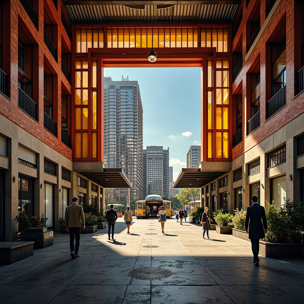 Prompt: Vibrant train station, expressionist architecture, bold geometric shapes, bright primary colors, contrasting secondary hues, industrial metal beams, exposed brick walls, distressed concrete textures, urban cityscape, bustling streets, morning rush hour, warm golden lighting, shallow depth of field, 1/2 composition, dramatic shadows, cinematic atmosphere, gritty realistic details.